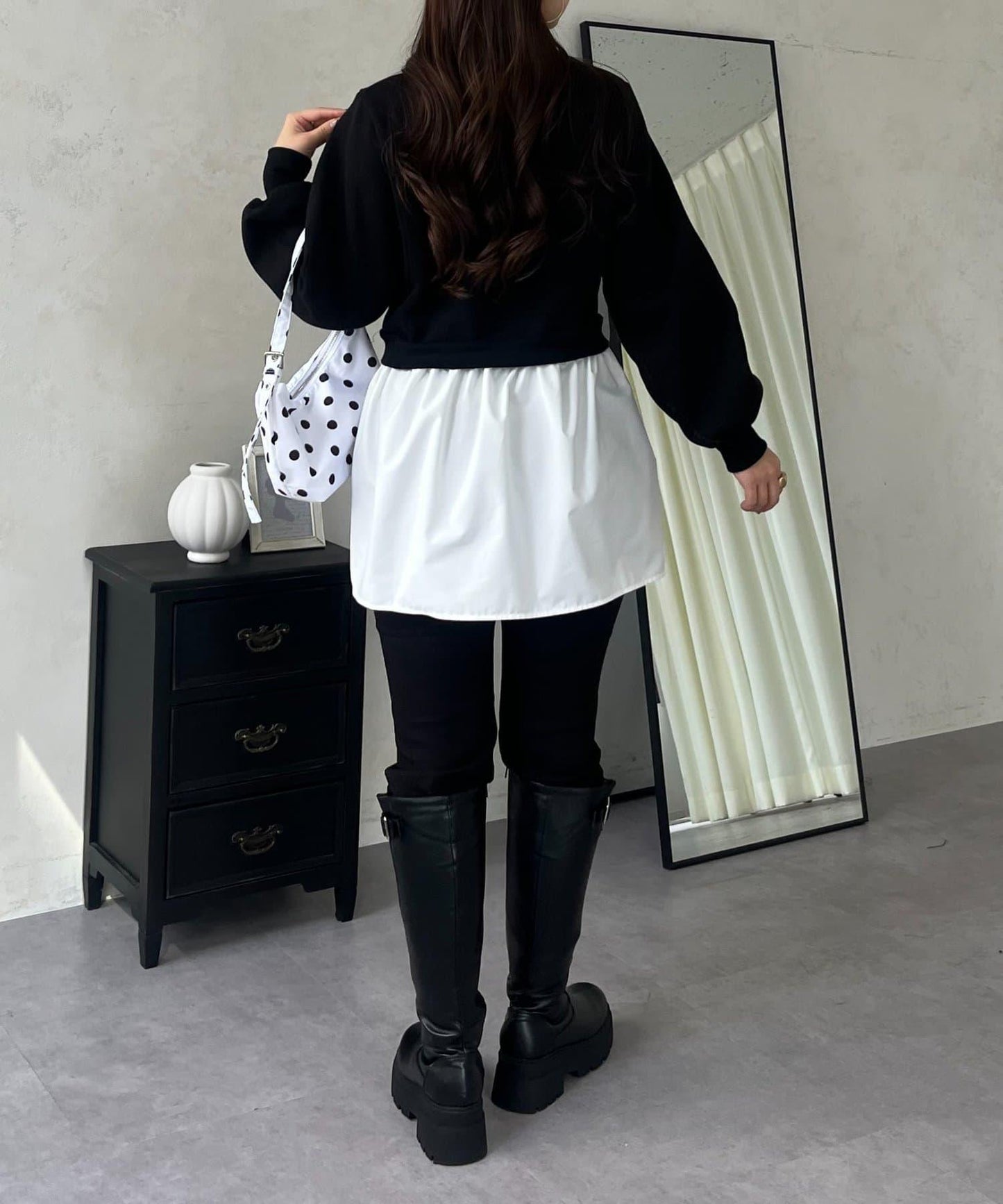 珍珠荷葉邊兩穿拼接衛衣