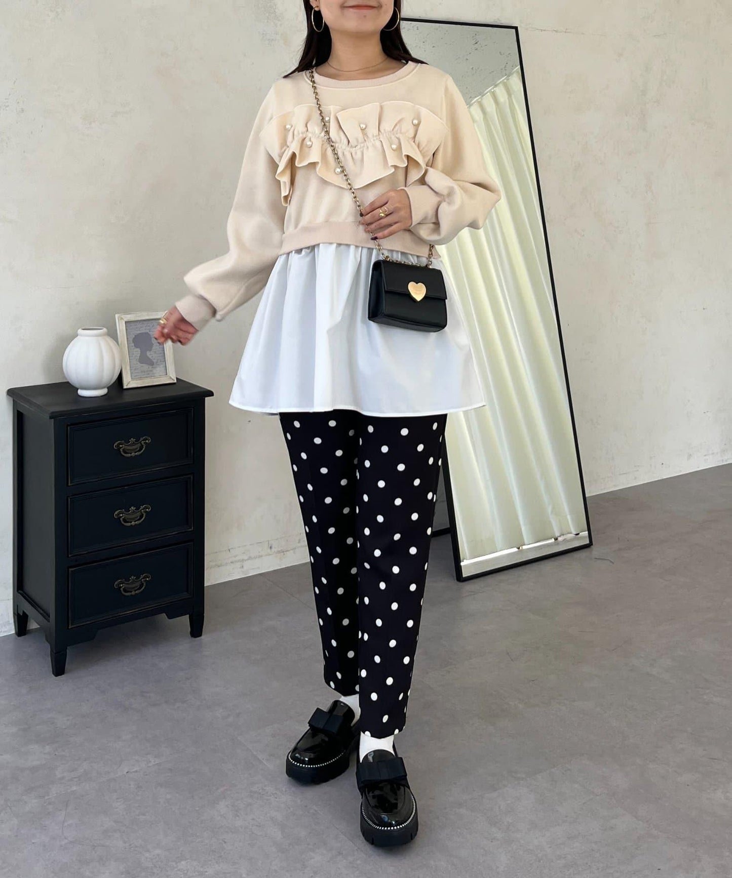 珍珠荷葉邊兩穿拼接衛衣