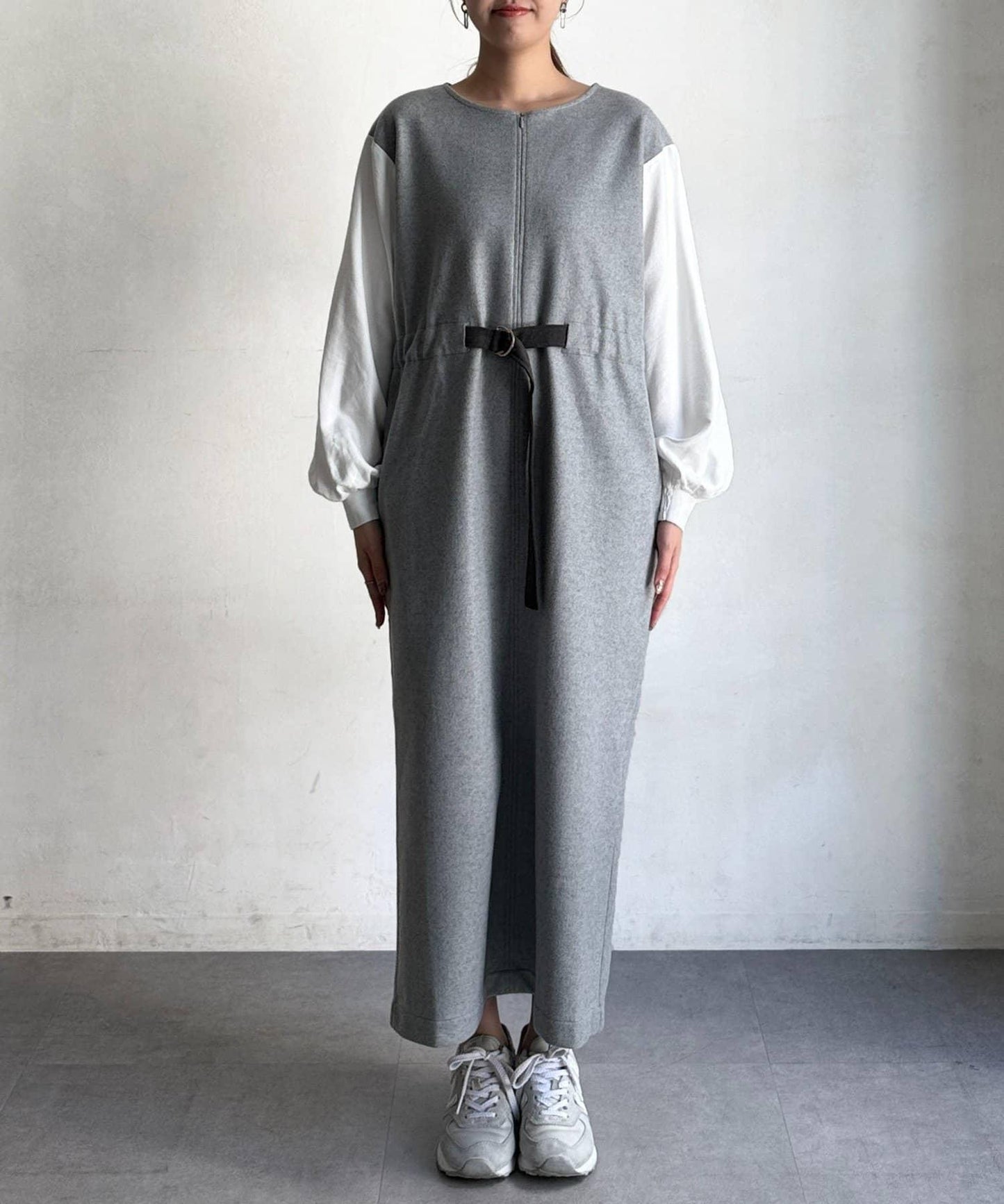 拼接袖呢料連衣裙