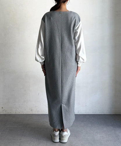 拼接袖呢料連衣裙