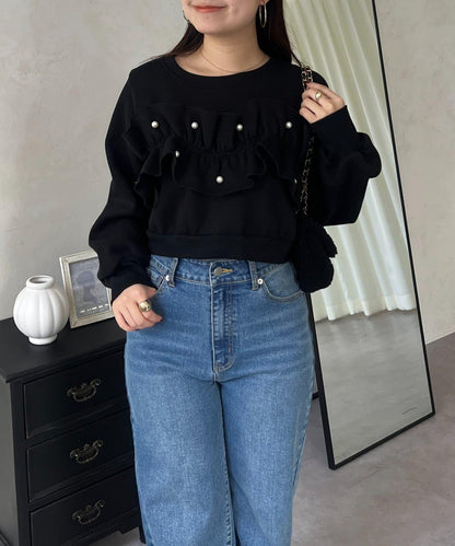 珍珠荷葉邊兩穿拼接衛衣