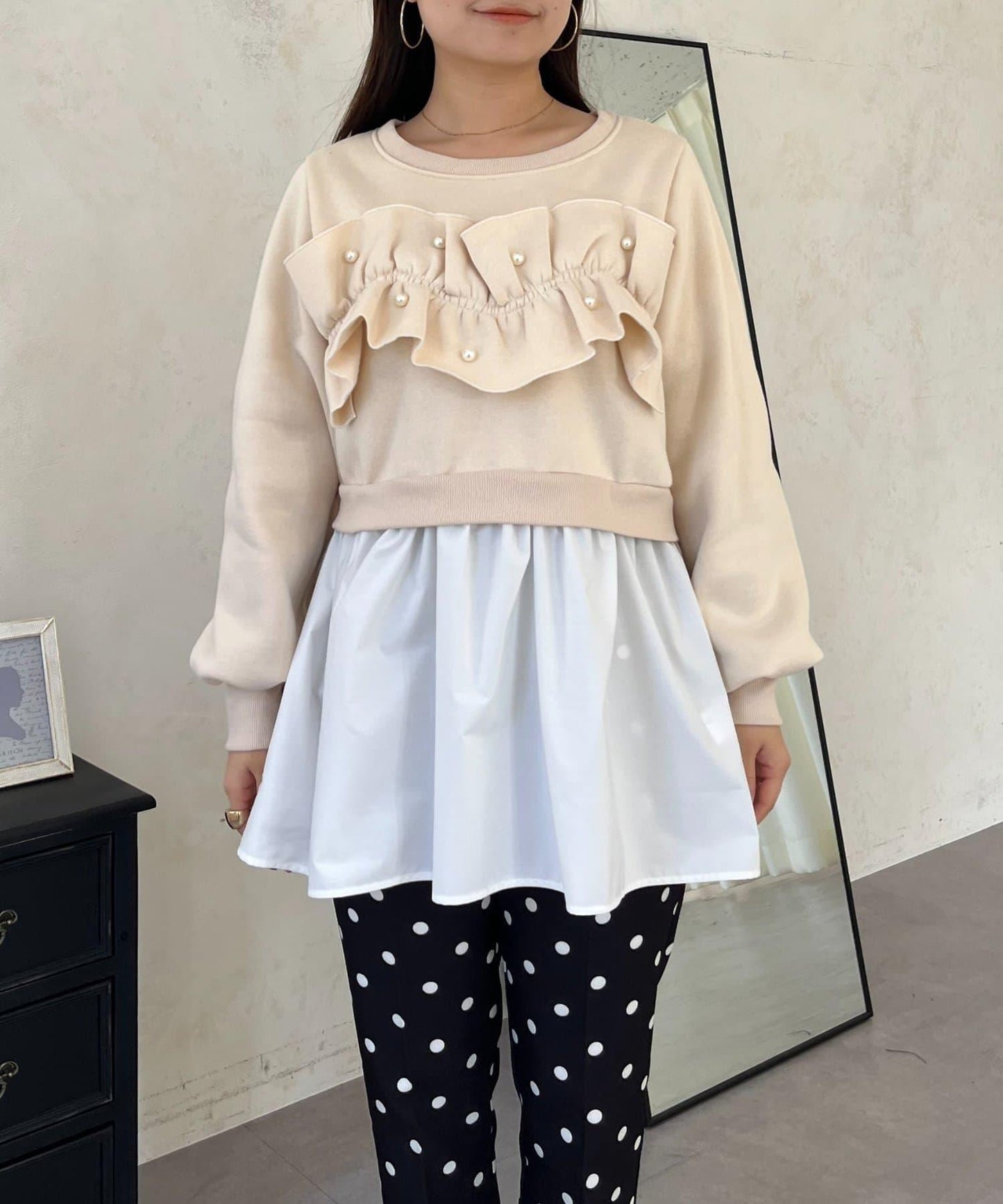 珍珠荷葉邊兩穿拼接衛衣