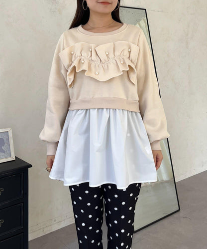 珍珠荷葉邊兩穿拼接衛衣