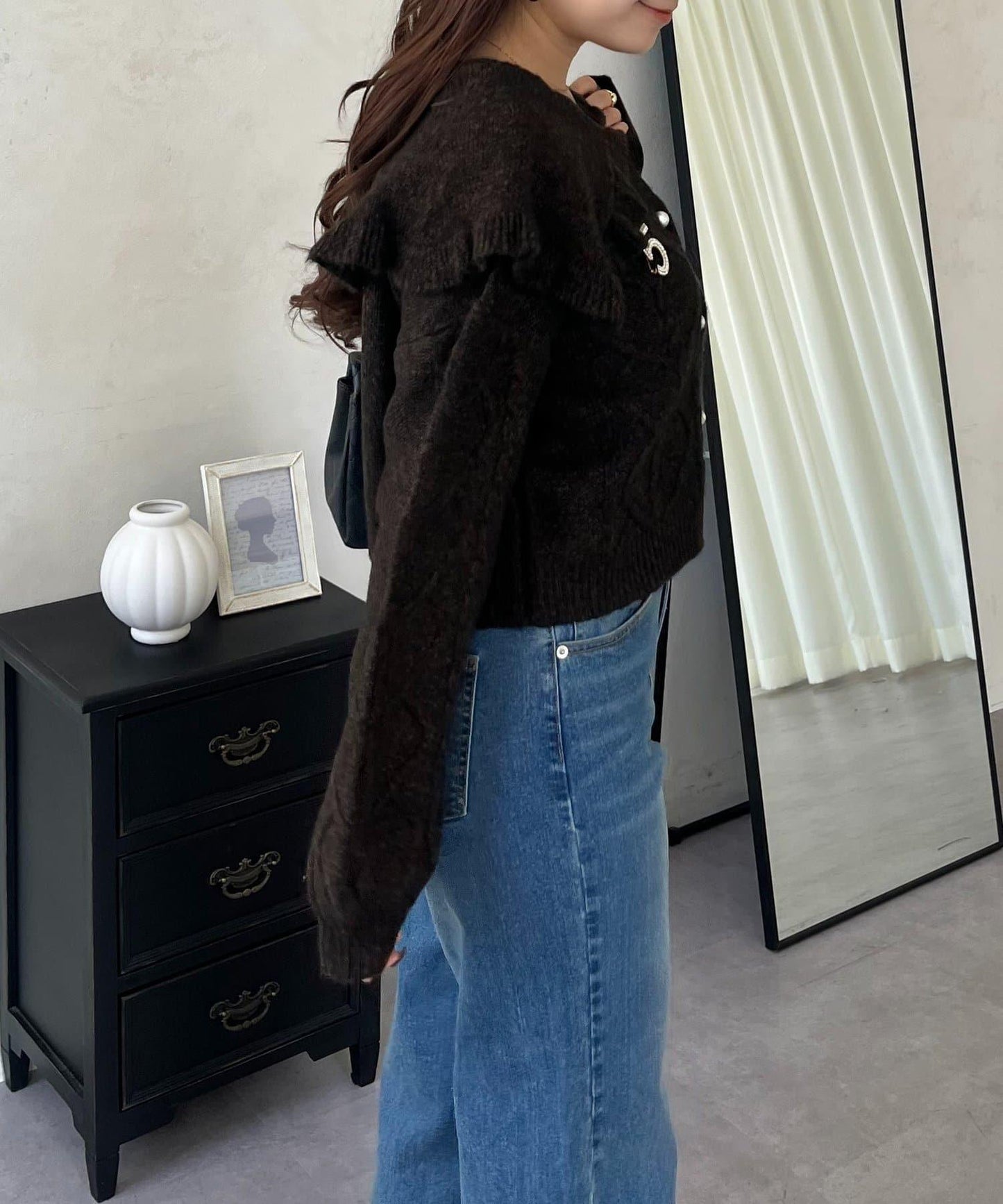 大翻領愛心圖案麻花針織開衫