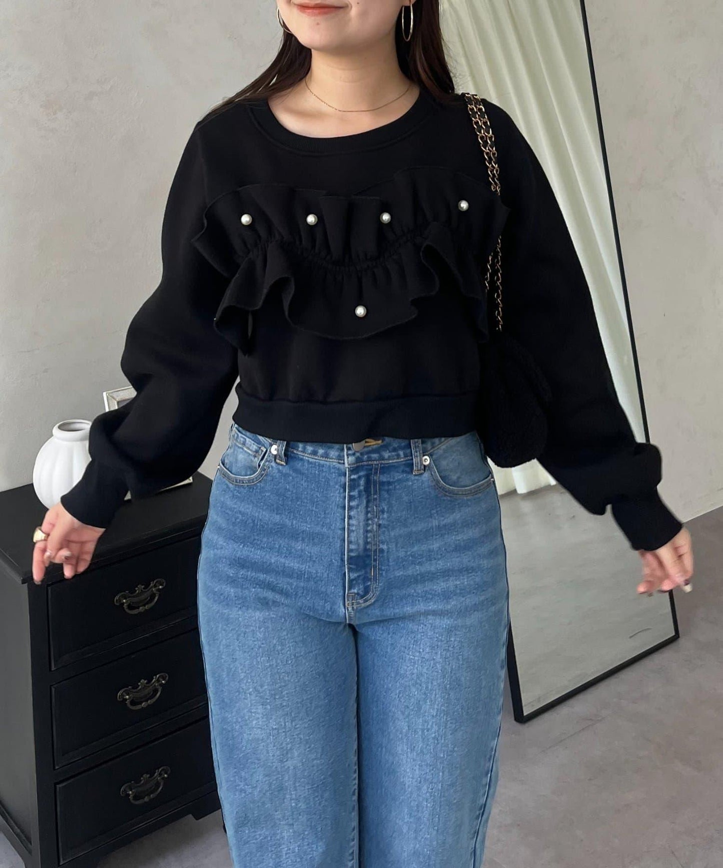 珍珠荷葉邊兩穿拼接衛衣