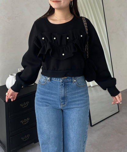 珍珠荷葉邊兩穿拼接衛衣