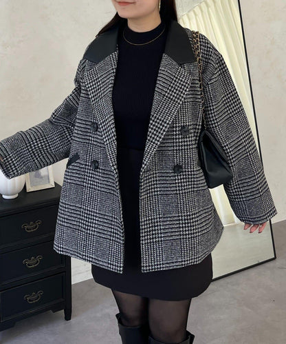 皮革領拼接內襯絎縫格紋大衣