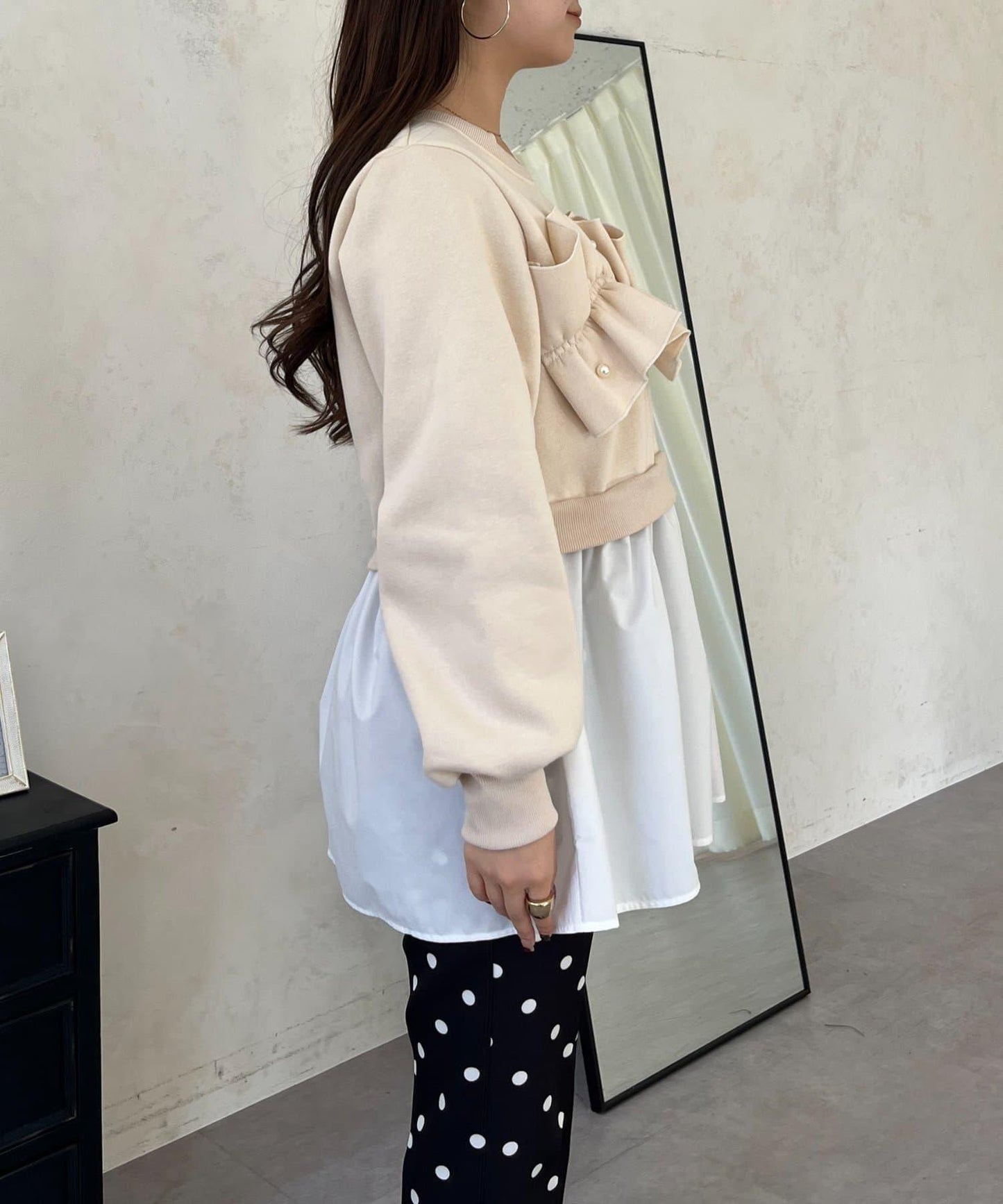 珍珠荷葉邊兩穿拼接衛衣