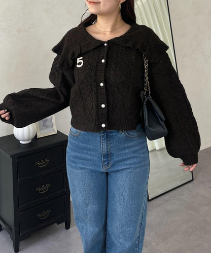 大翻領愛心圖案麻花針織開衫