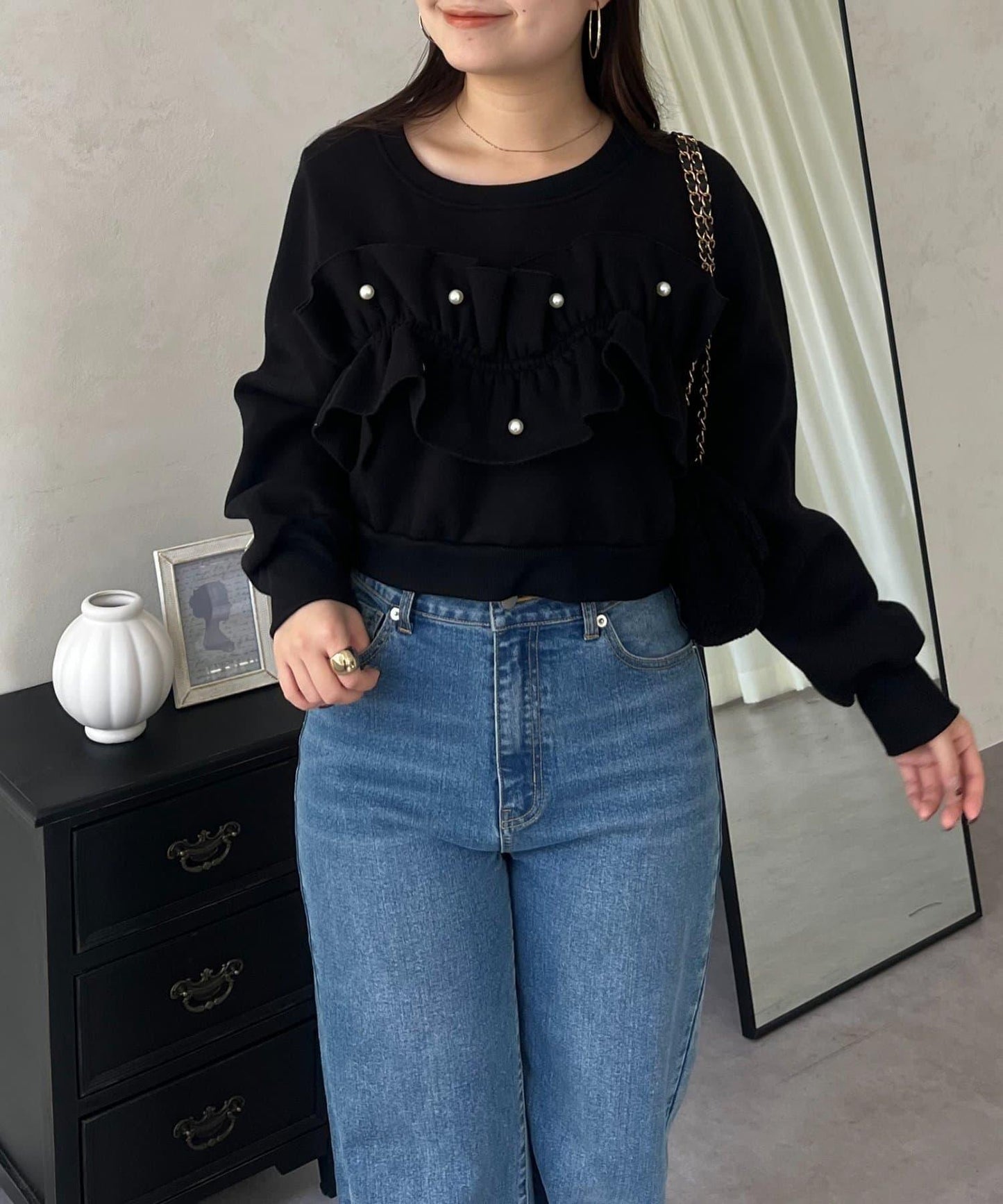 珍珠荷葉邊兩穿拼接衛衣