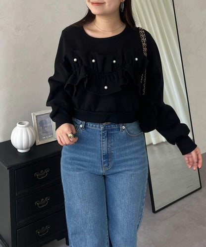 珍珠荷葉邊兩穿拼接衛衣