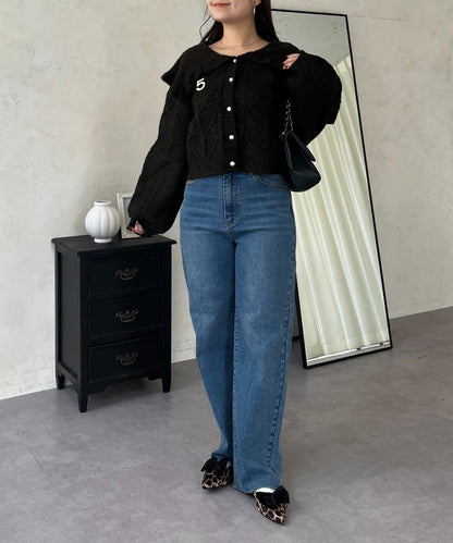 大翻領愛心圖案麻花針織開衫