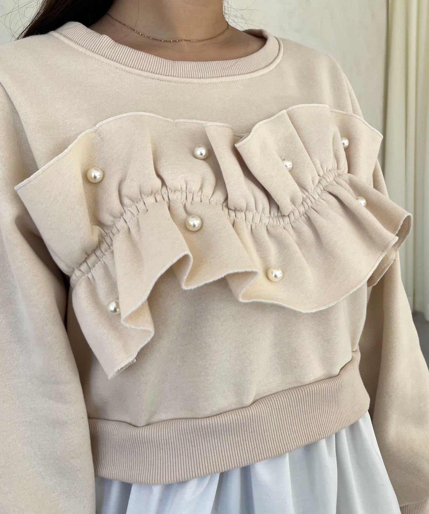 珍珠荷葉邊兩穿拼接衛衣