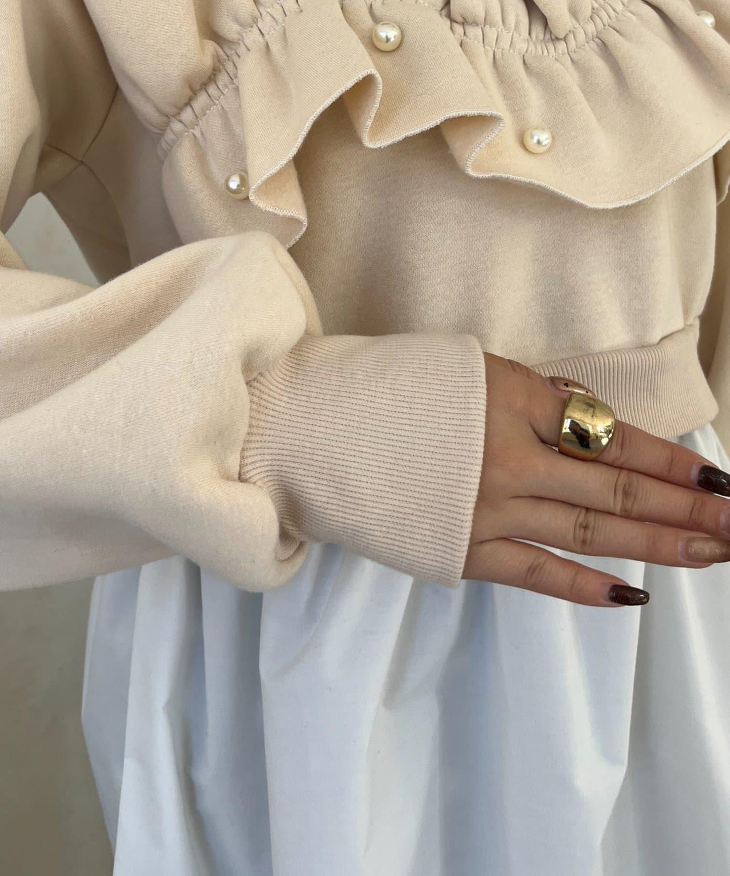 珍珠荷葉邊兩穿拼接衛衣