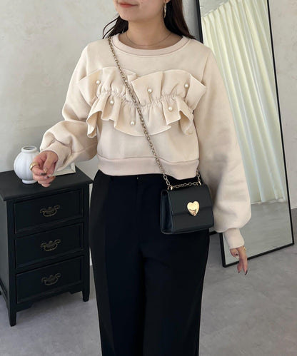 珍珠荷葉邊兩穿拼接衛衣