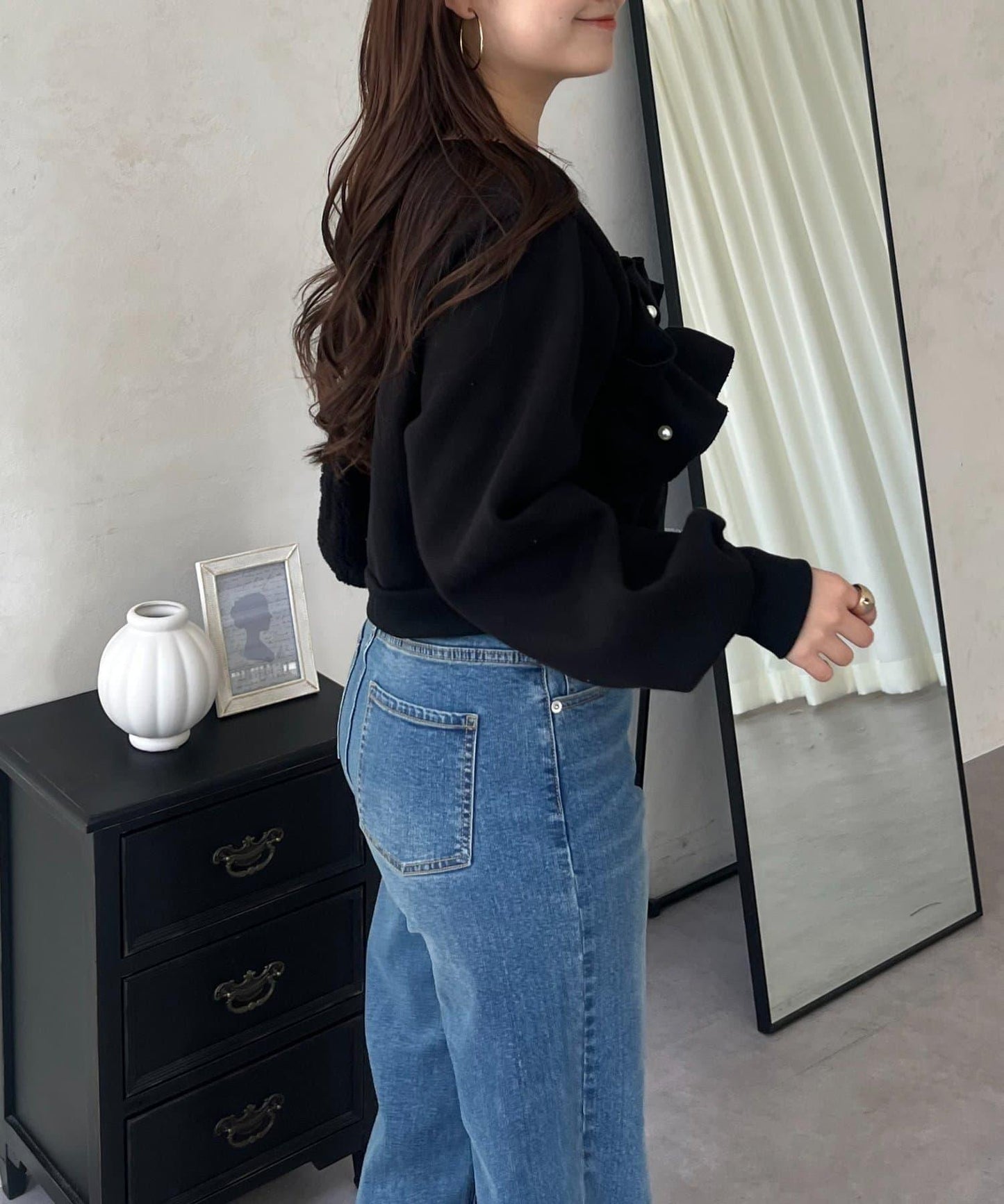 珍珠荷葉邊兩穿拼接衛衣