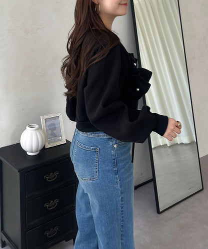 珍珠荷葉邊兩穿拼接衛衣