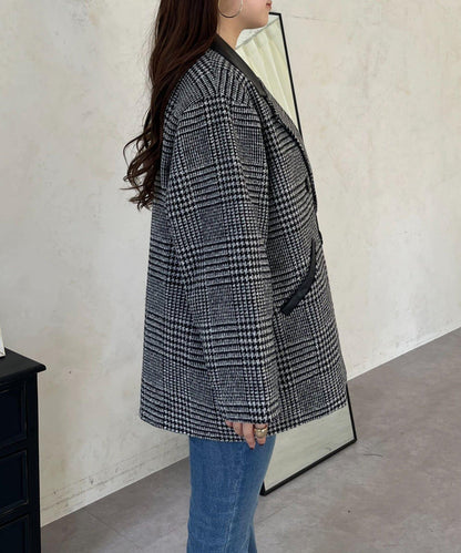 皮革領拼接內襯絎縫格紋大衣