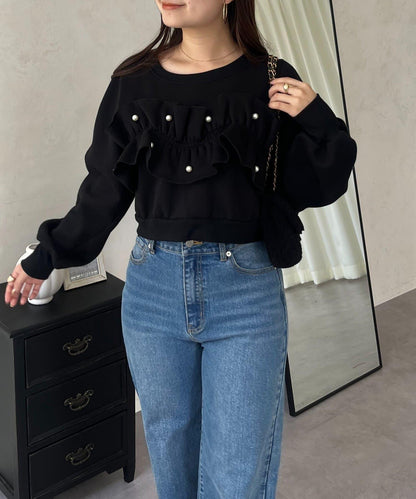 珍珠荷葉邊兩穿拼接衛衣