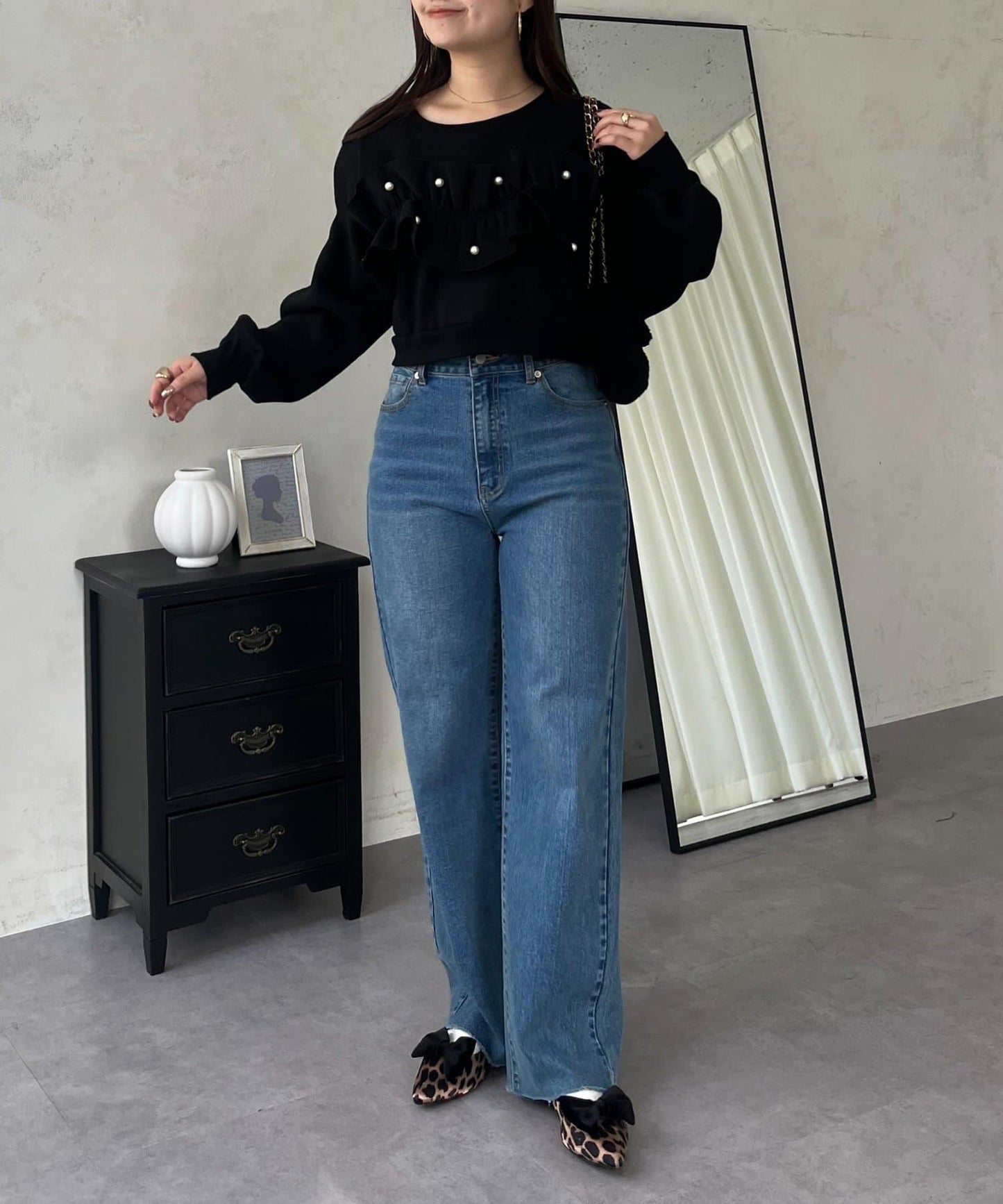 珍珠荷葉邊兩穿拼接衛衣