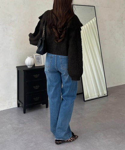 大翻領愛心圖案麻花針織開衫