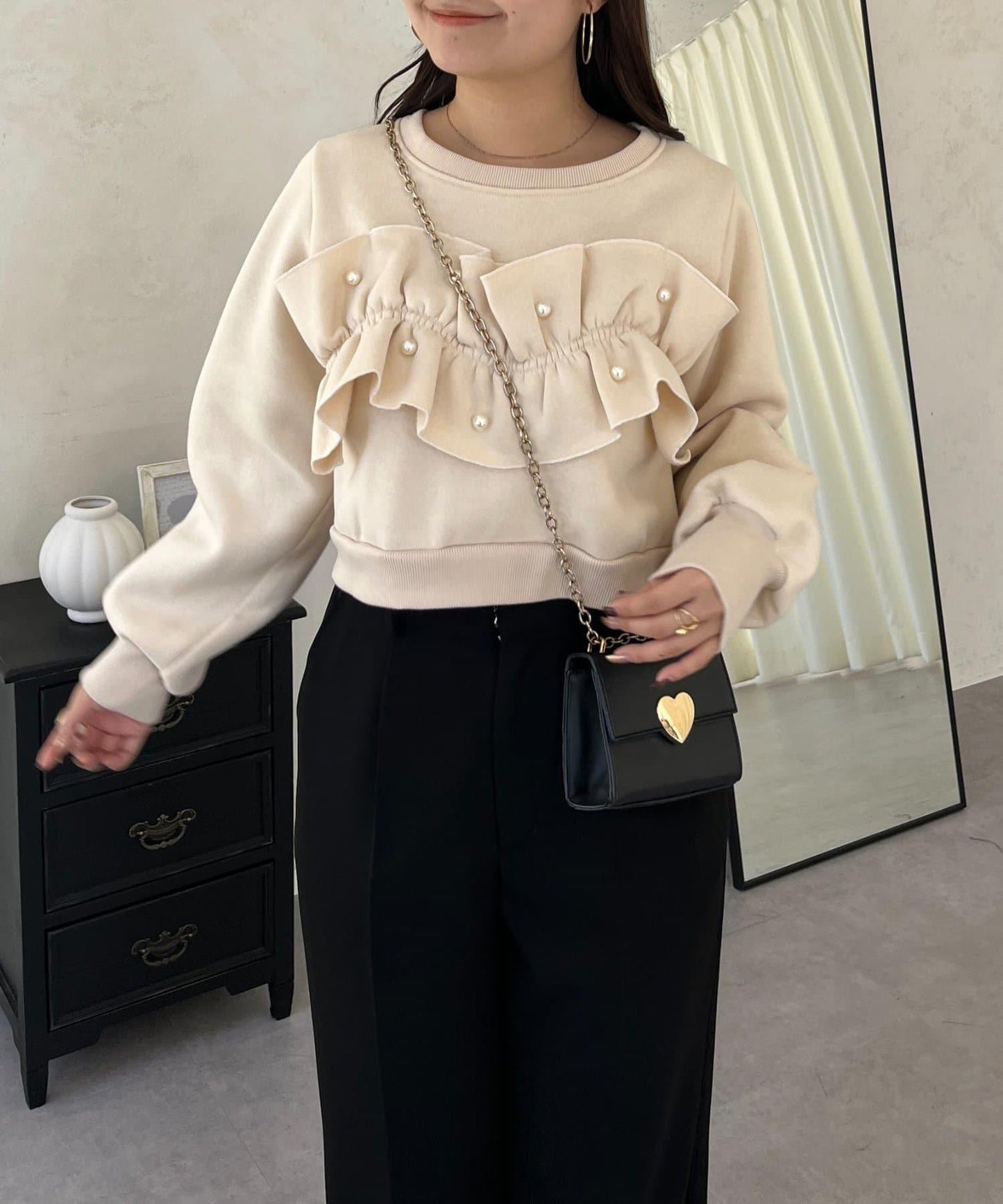 珍珠荷葉邊兩穿拼接衛衣