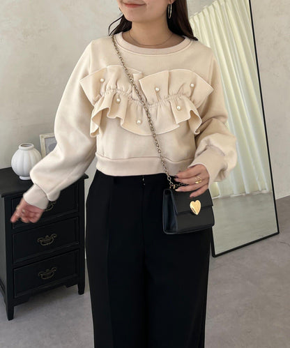 珍珠荷葉邊兩穿拼接衛衣