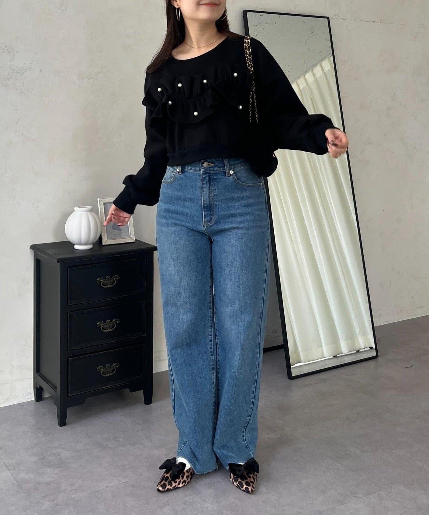 珍珠荷葉邊兩穿拼接衛衣