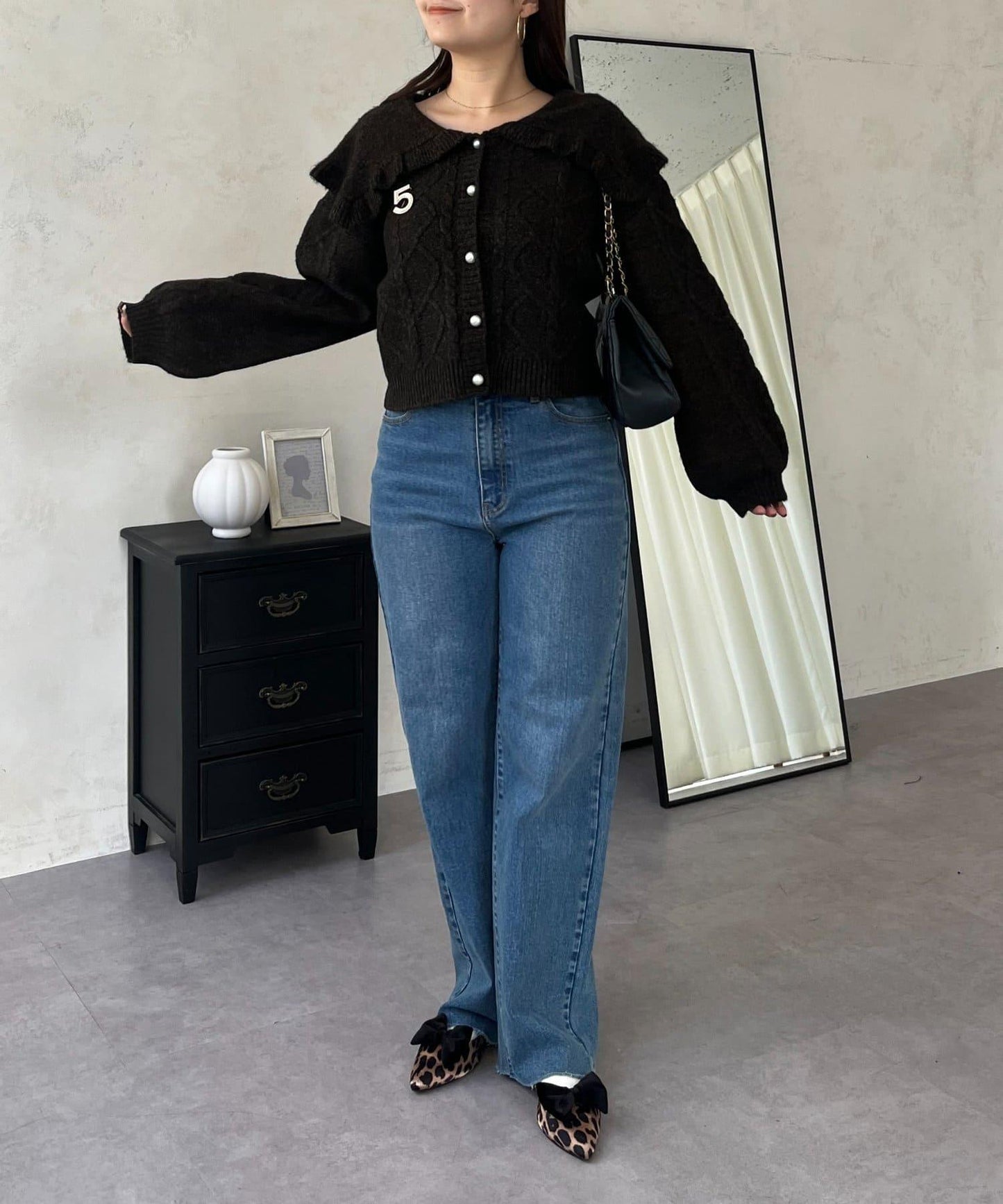 大翻領愛心圖案麻花針織開衫