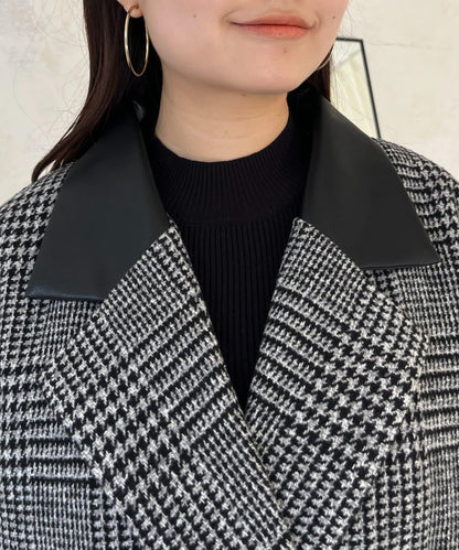 皮革領拼接內襯絎縫格紋大衣