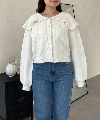 大翻領愛心圖案麻花針織開衫