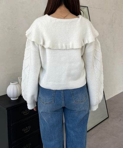 大翻領愛心圖案麻花針織開衫