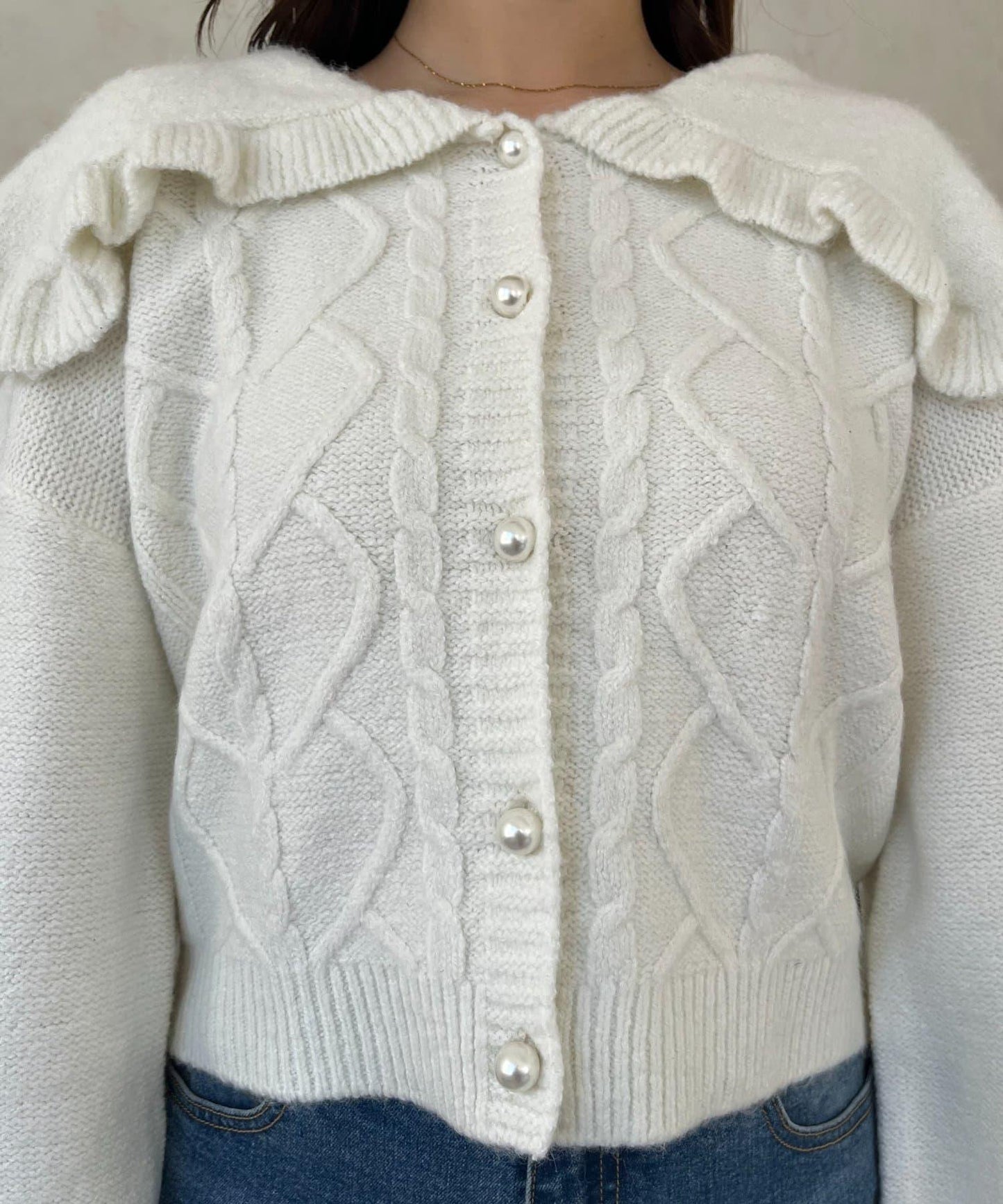 大翻領愛心圖案麻花針織開衫