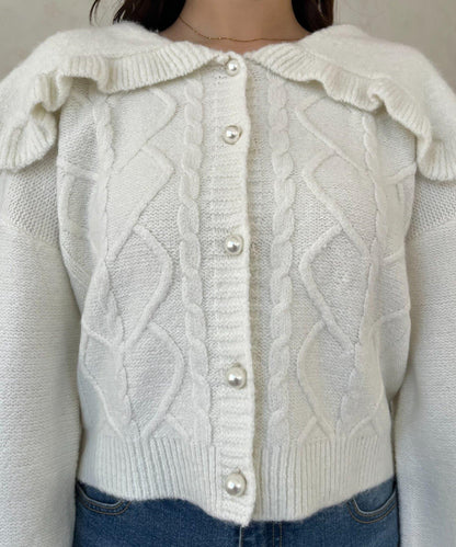 大翻領愛心圖案麻花針織開衫