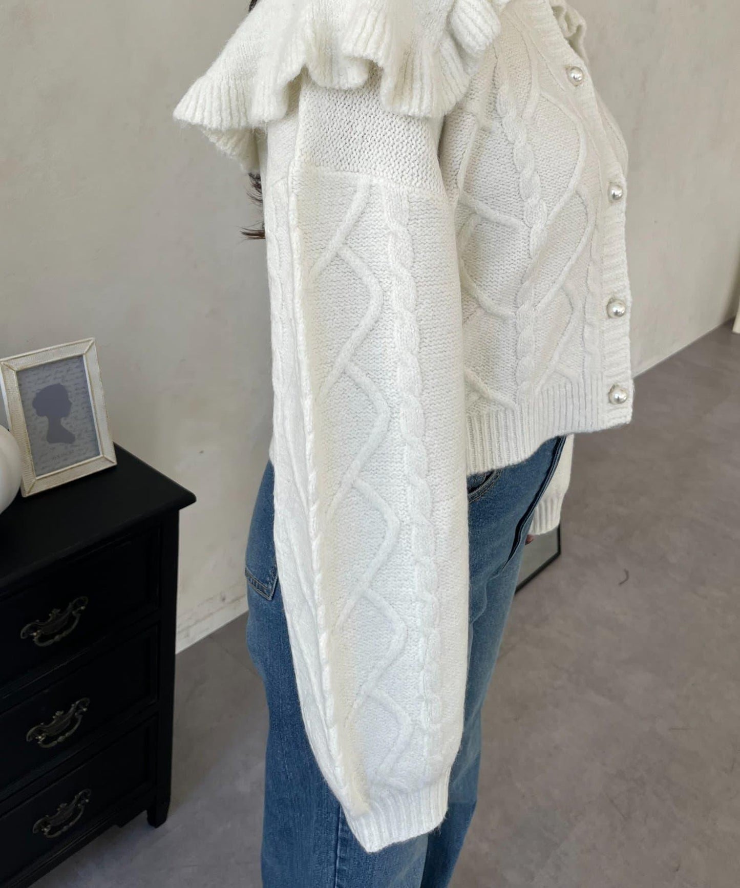 大翻領愛心圖案麻花針織開衫