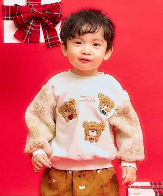 tiny bear 袖部羊羔絨格紋衛衣