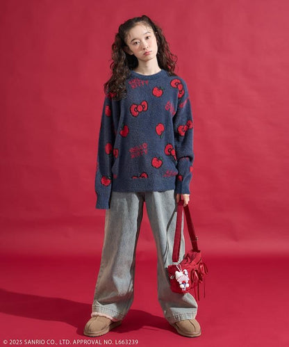 「HELLO KITTY」毛絨蝴蝶結全印花針織衫