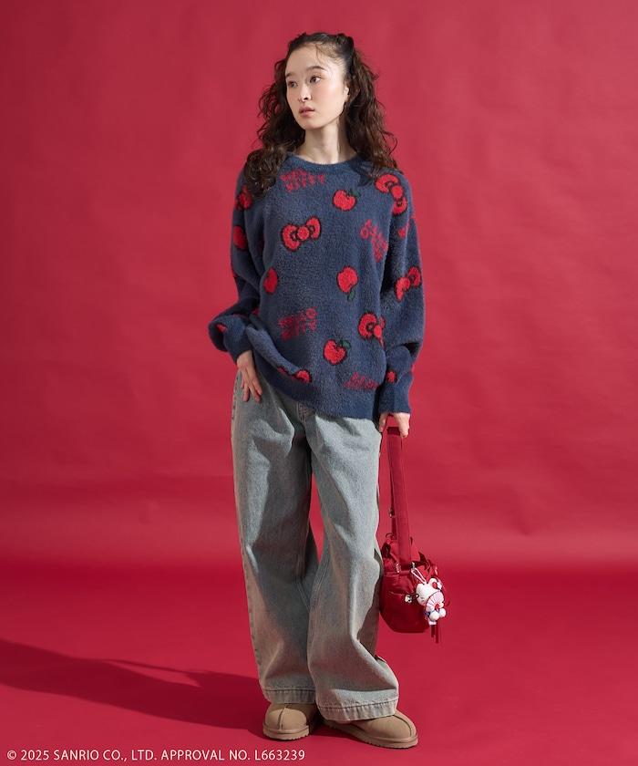 「HELLO KITTY」毛絨蝴蝶結全印花針織衫