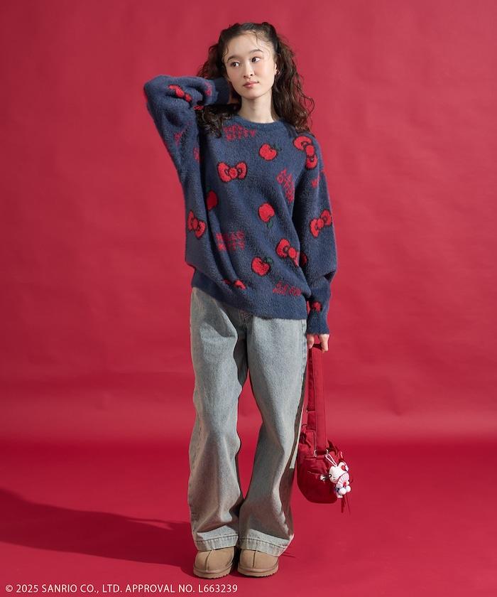 「HELLO KITTY」毛絨蝴蝶結全印花針織衫