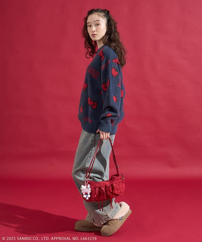 「HELLO KITTY」毛絨蝴蝶結全印花針織衫