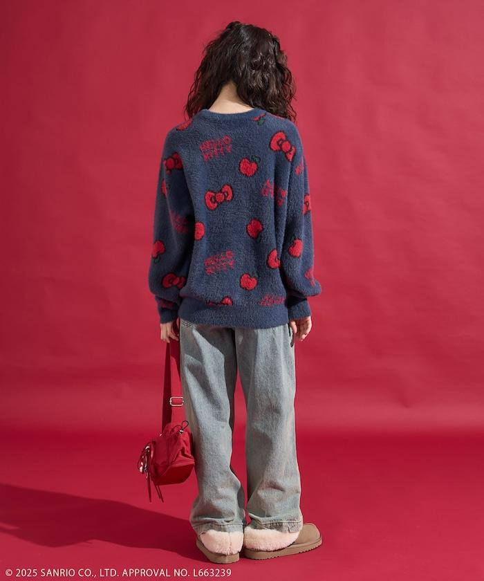 「HELLO KITTY」毛絨蝴蝶結全印花針織衫