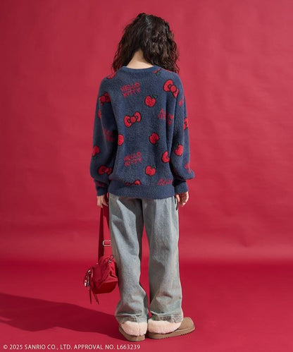 「HELLO KITTY」毛絨蝴蝶結全印花針織衫
