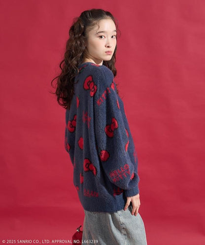 「HELLO KITTY」毛絨蝴蝶結全印花針織衫