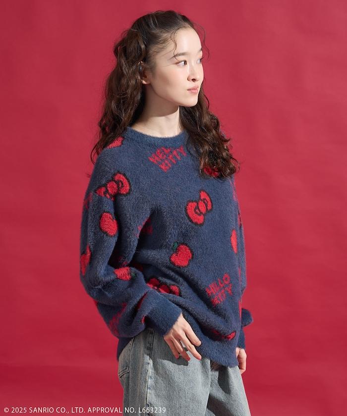 「HELLO KITTY」毛絨蝴蝶結全印花針織衫