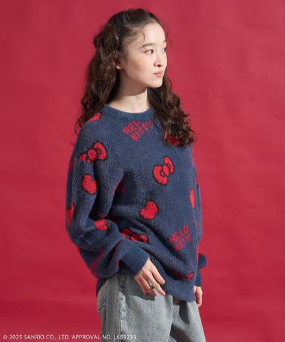 「HELLO KITTY」毛絨蝴蝶結全印花針織衫