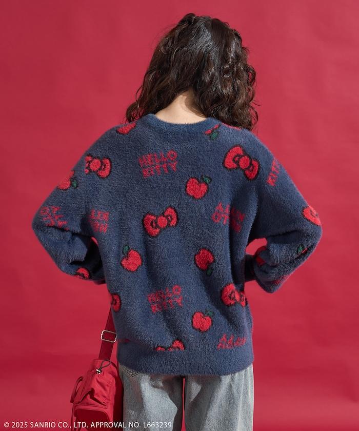 「HELLO KITTY」毛絨蝴蝶結全印花針織衫