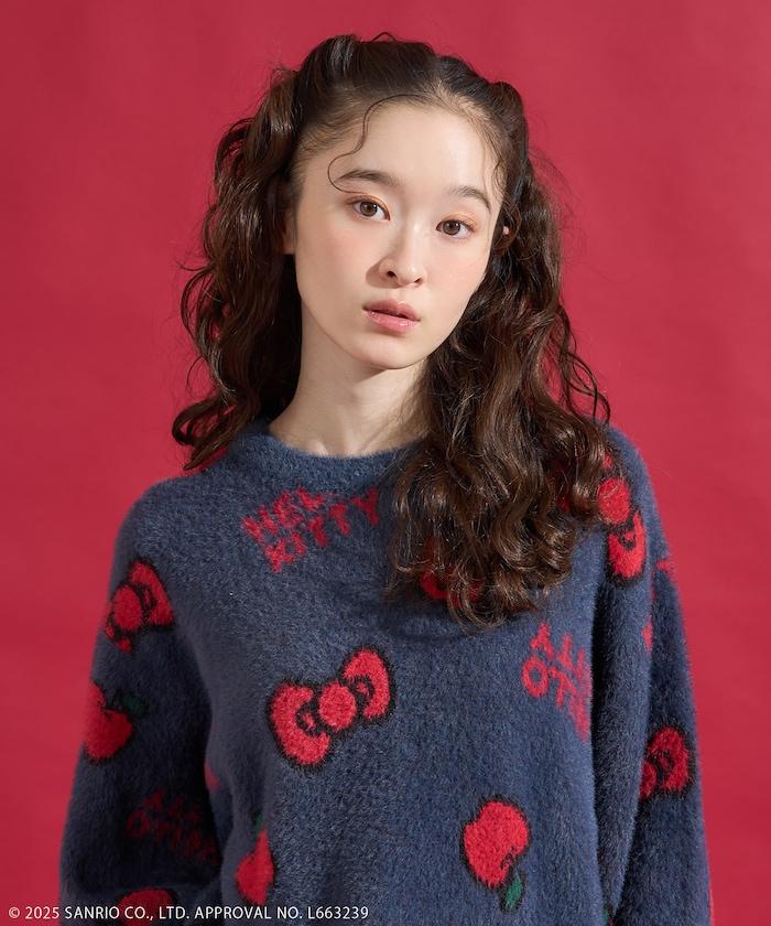 「HELLO KITTY」毛絨蝴蝶結全印花針織衫
