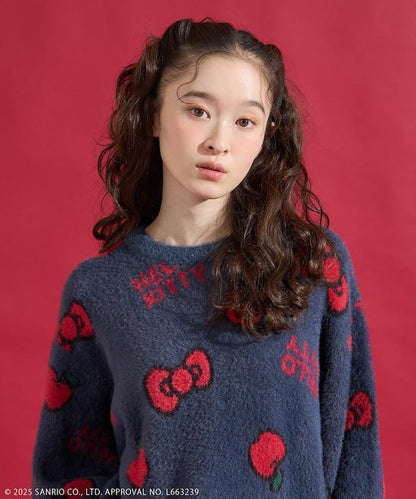 「HELLO KITTY」毛絨蝴蝶結全印花針織衫