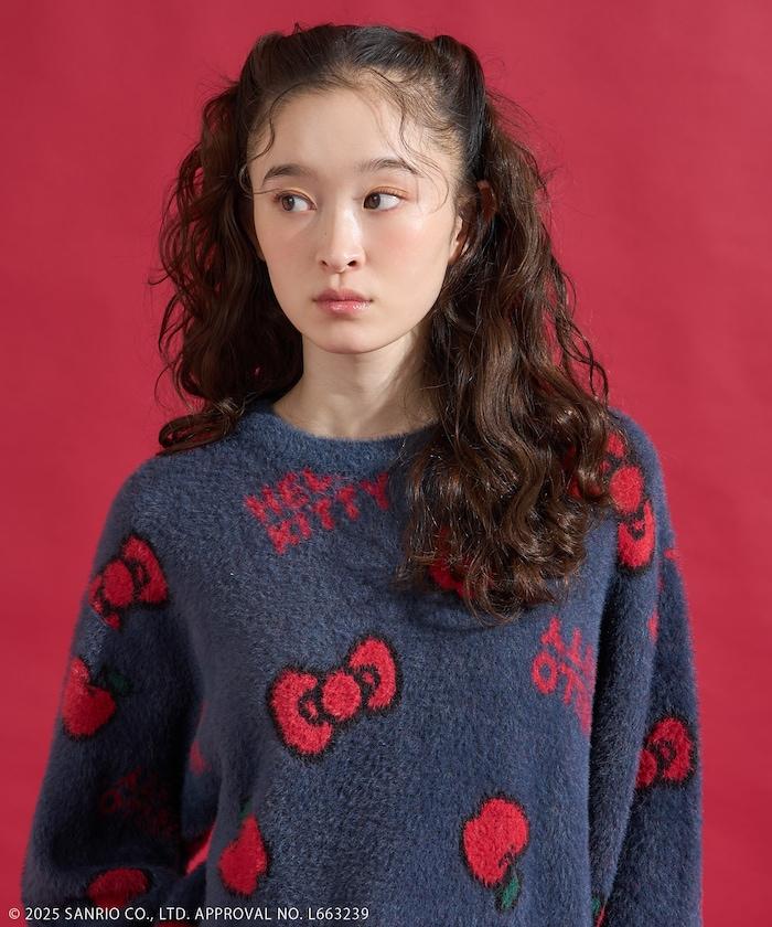 「HELLO KITTY」毛絨蝴蝶結全印花針織衫