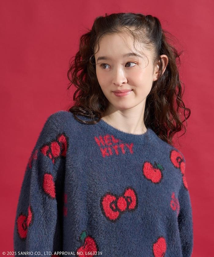 「HELLO KITTY」毛絨蝴蝶結全印花針織衫